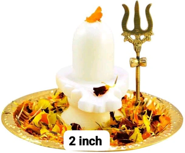 HOLYMONT99 Pure White Marble Shivling Pure Brass Thali & Trishul Combo Pack All Size Available  - Large