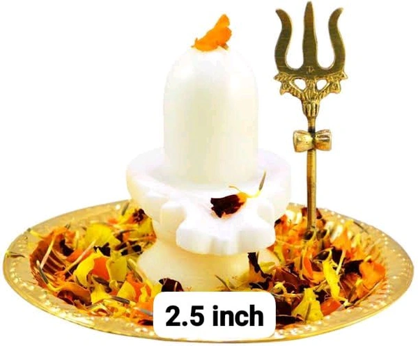 HOLYMONT99 Pure White Marble Shivling Pure Brass Thali & Trishul Combo Pack All Size Available  - Large
