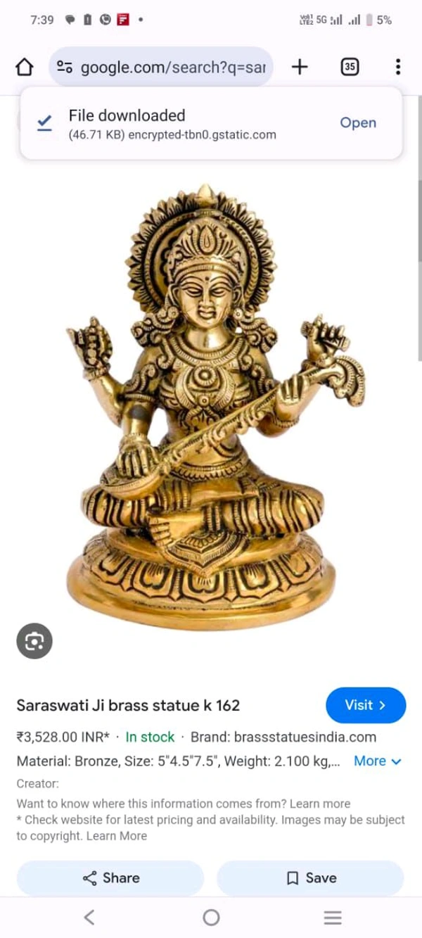 HOLYMONT99 Pure Brass Saraswati Ji Murti  - Large
