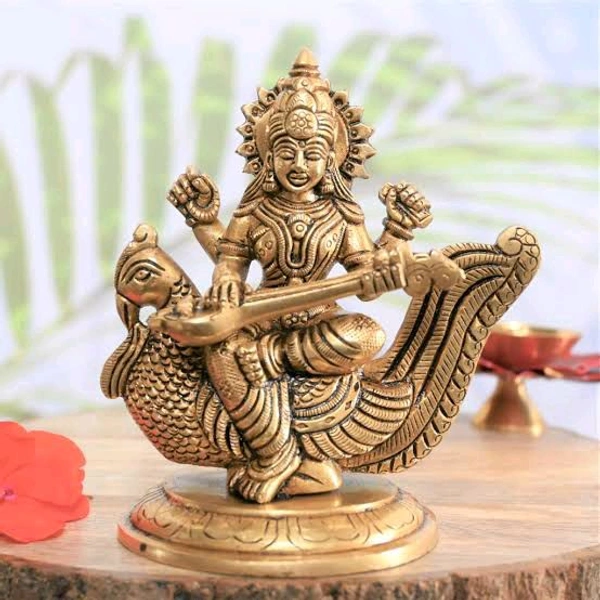 HOLYMONT99 Pure Brass More With Saraswati Ji Murti  - Large