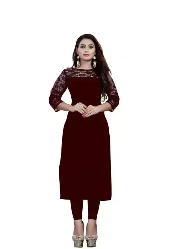 Casual American Crepe And Net Round-Neck 3/4 Length Sleeves Maroon Kurti (45"Inches) Mo - S