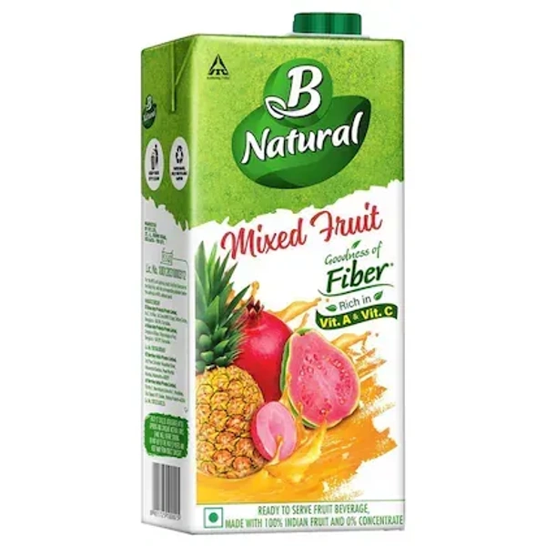 B Natural Mixed Fruit, Goodness of fiber, Rich in Vitamin C & E, Made with 100% Indian Fruit and 0% Concentrate, 1 litre