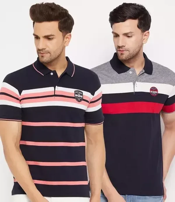 First Krush Multicolor Striped Men's Polo Collar Cotton Tshirt(Pack of 2) - M