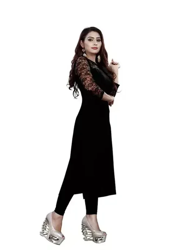 Casual American Crepe And Net Round-Neck 3/4 Length Sleeves Black Kurti (45"Inches) Mo - XL
