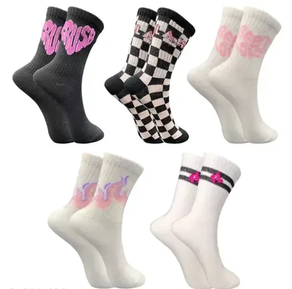 TRAZO Stylish Designer Women Multicolored Calf Length Cotton Socks Combo Pack of 5 Pairs Mo - Free Size