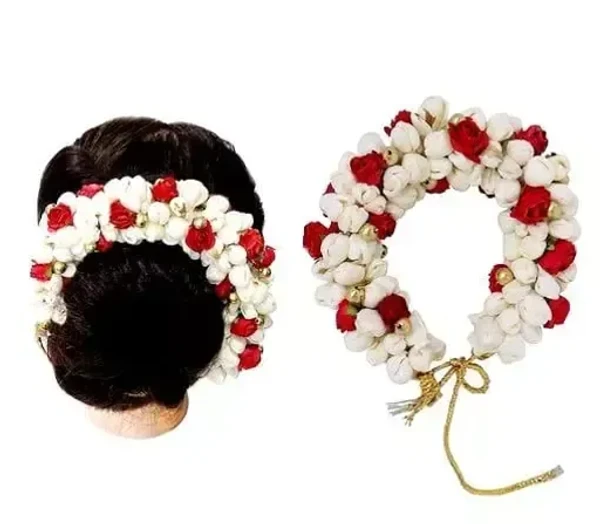 Handmade Artificial Flower Floral Gajra Veni Clips Pins Brooch Hair Band Accessory Accessories Set for Bun Juda Long Hair Decoration for Woman and Girls in Fashion for Wedding Marriage Function and Parties Mo - Free Size