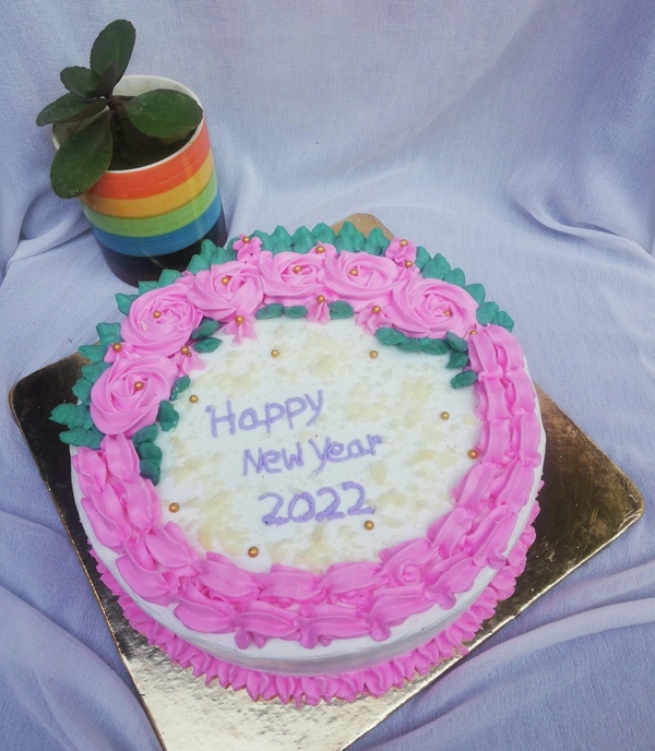 Pink Floral With Green Leaves Vanilla Cake - 2 pound