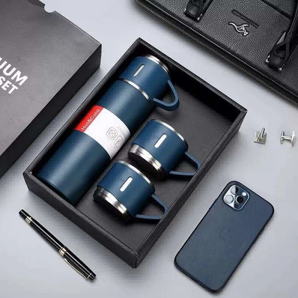 Vacuum Flask Set with 2 Cups, Insulated Double Wall Stainless Steel 500ml Tea Coffee Thermal Flask with 3 Cups, Hot and Cold Bottle, Corporate Gifts for Employees Christmas Gift, Random Color