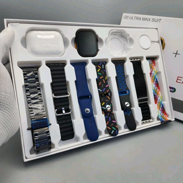 i20 Ultra MAX Suit(10 in 1 Set) SmartWatch + Aiir pods Pro with Transparent Screen Guard Watch with Seven Decorated Straps