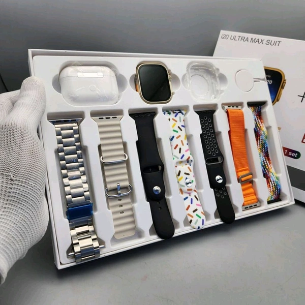 i20 Ultra MAX Suit(10 in 1 Set) SmartWatch + Aiir pods Pro with Transparent Screen Guard Watch with Seven Decorated Straps