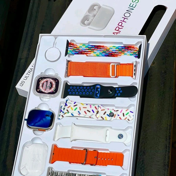 i20 Ultra MAX Suit(10 in 1 Set) SmartWatch + Aiir pods Pro with Transparent Screen Guard Watch with Seven Decorated Straps