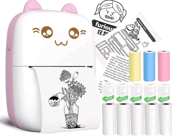 Mini Bluetooth Thermal Printer, Portable Label Printer Inkfree Printer for Android & iOS System, Black on White Thermal Printer with 10 Roll of Print Paper, Stickers, Pink