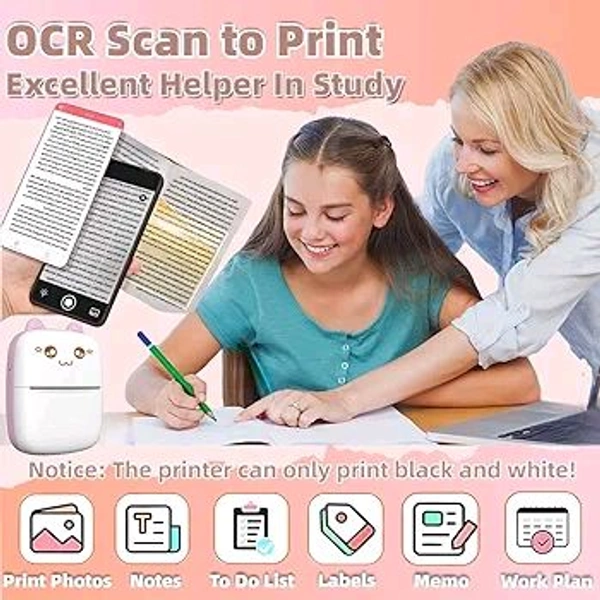 Mini Bluetooth Thermal Printer, Portable Label Printer Inkfree Printer for Android & iOS System, Black on White Thermal Printer with 10 Roll of Print Paper, Stickers, Pink