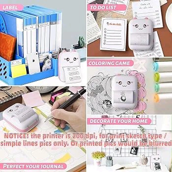 Mini Bluetooth Thermal Printer, Portable Label Printer Inkfree Printer for Android & iOS System, Black on White Thermal Printer with 10 Roll of Print Paper, Stickers, Pink