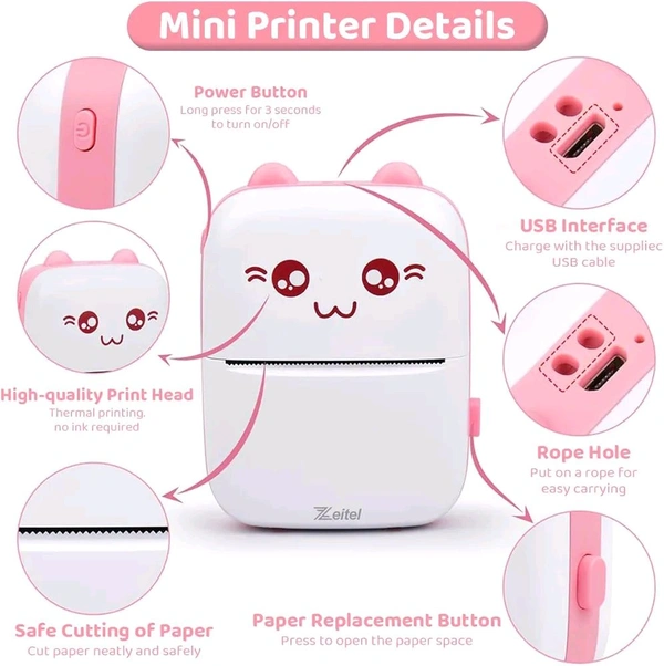 Mini Bluetooth Thermal Printer, Portable Label Printer Inkfree Printer for Android & iOS System, Black on White Thermal Printer with 10 Roll of Print Paper, Stickers, Pink