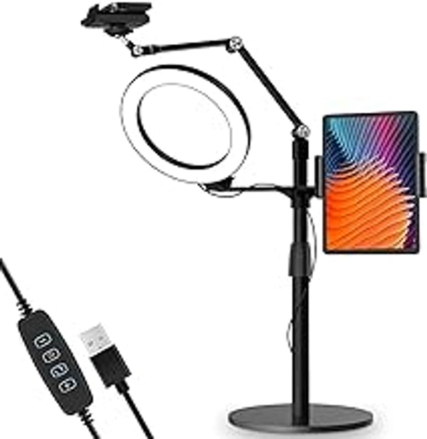 HB Plus 3-in-1 Selfie Desktop Live Stand Height Adjustable/Overhead 8" LED Ring Light Compatible with 3.5-13" Tablet& Phone Suitable for YouTube/Reels/Recording/Streaming/Online Meeting