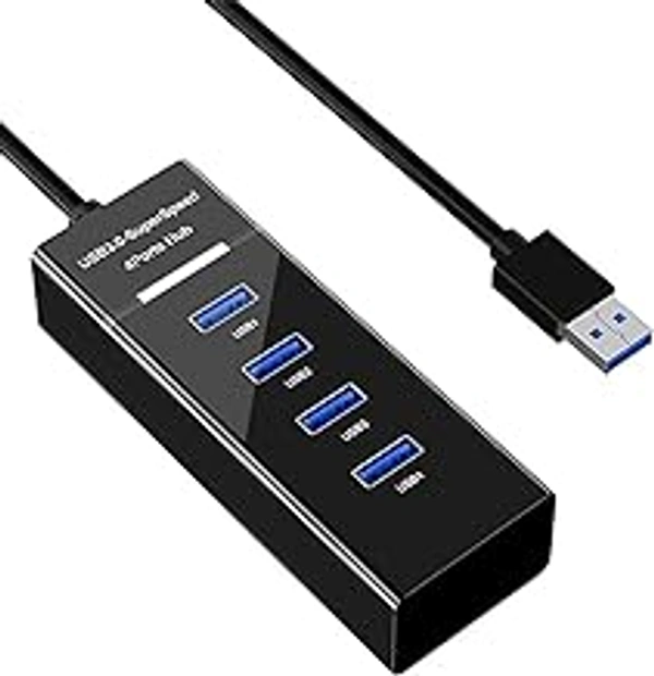 HB Plus 4 Port USB Hub Splitter 3.0- Black Non Slip Ultra Slim High Speed Portable USB Cable Adapter Compatible for Keyboard/MacBook/Mac Pro/Mac Mini/iMac/Surface Pro/Xps/Pc/Flash Drive/Mobile HDD