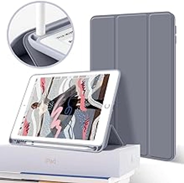 HB PLUS Slim Smart Protective Stand case with Pencil Holder for The iPad 5th and 6th Generation 9.7-inch Model A1822 A1823 A1893/A1954 with auto Wake and Sleep Capabilities. (Purple Gray)