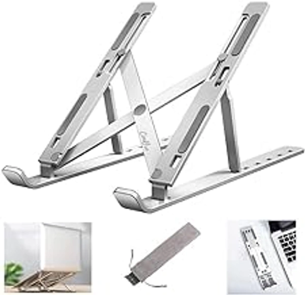 Senivo Laptop Stand 7 Height Adjustable, Aluminium, Ventilated, Foldable, Portable Laptop Holder For Desk & Table Mount Upto 15.6 Inch Laptop With Carry Pouch (Silver) A-2 Tabletop - 54