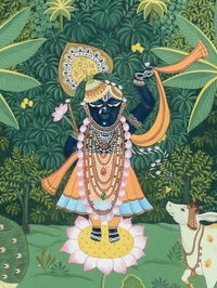 KolorKraft Pichwai Shrinathji Peacock Cow - 24x36 inch, Green