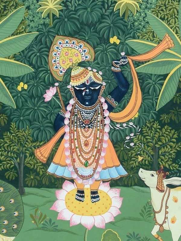 KolorKraft Pichwai Shrinathji Peacock Cow - 24x36 inch, Green