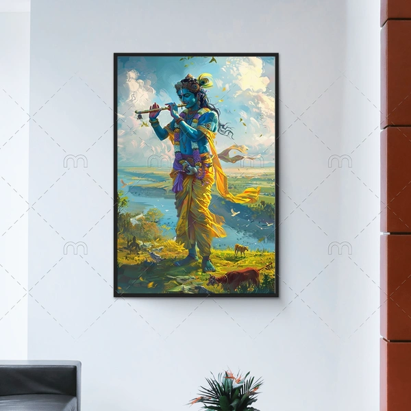 KolorKraft krishna playing flute canvas wallart - 18x36 inch, Blue