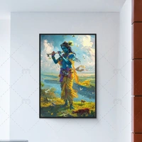 KolorKraft krishna playing flute canvas wallart - 18x36 inch, Blue