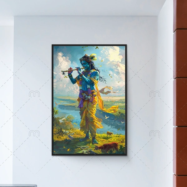 KolorKraft krishna playing flute canvas wallart - 18x36 inch, Blue