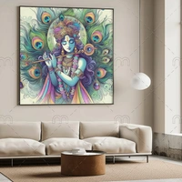 KolorKraft krishna playing flute canvas wallart - 18x36 inch, Blue