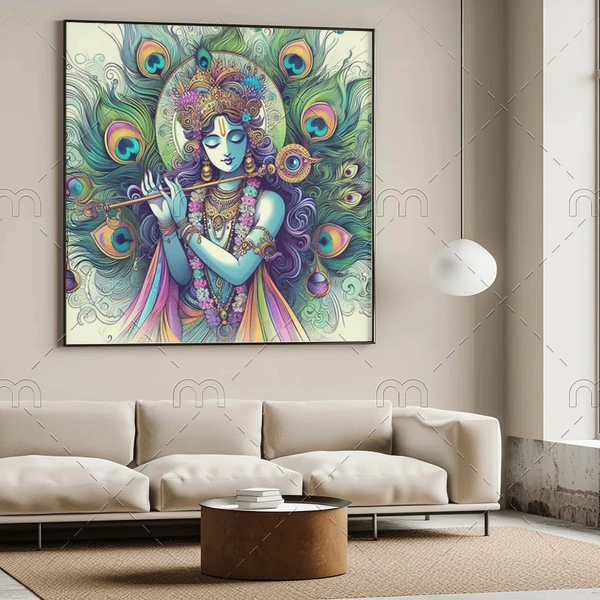 KolorKraft krishna playing flute canvas wallart - 18x36 inch, Blue