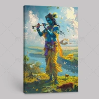 KolorKraft krishna playing flute canvas wallart - 18x36 inch, Blue