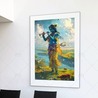 KolorKraft krishna playing flute canvas wallart - 18x36 inch, Blue