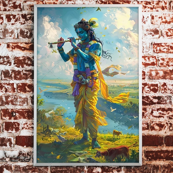 KolorKraft krishna playing flute canvas wallart - 18x36 inch, Blue