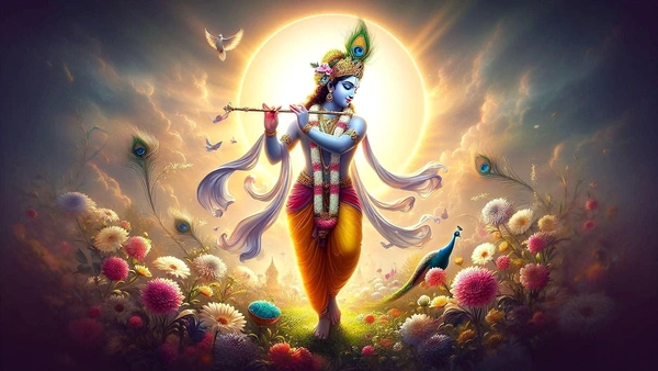 KolorKraft Krishna Playing Flute Sunrise - 18x24 inch