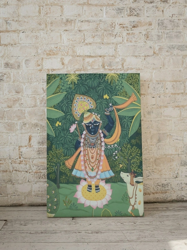 KolorKraft Pichwai Shrinathji Peacock Cow - 24x36 inch, Green