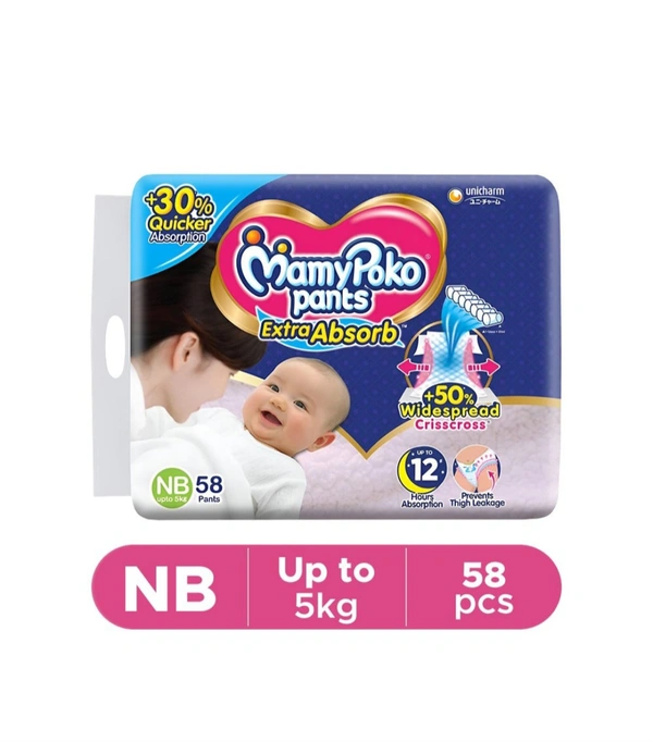MamyPoko Pants Extra Absorb New Born Diaper (Upto 5kg) - 1 Pack (58 Pieces), Pieces 58