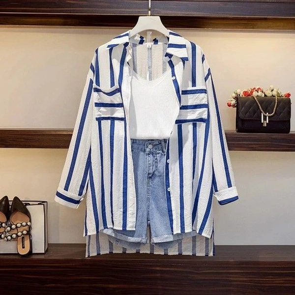 Striped Line Long Shirt - L, Green
