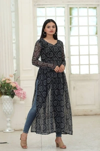 FWKA PREMIUM READYMADE DESIGNER NAYRA CUT PRINTED KURTI - M-38, Navy Blue