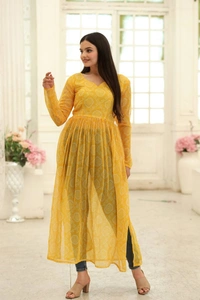 FWKA PREMIUM READYMADE DESIGNER NAYRA CUT PRINTED KURTI - M-38, Yellow