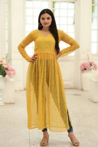 FWKA PREMIUM READYMADE DESIGNER NAYRA CUT PRINTED KURTI - M-38, Yellow