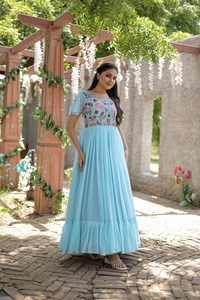 FWKA PREMIUM SEQUINS MULRITHREAD DESIGNER GOWN - XL-42, Blizzard Blue