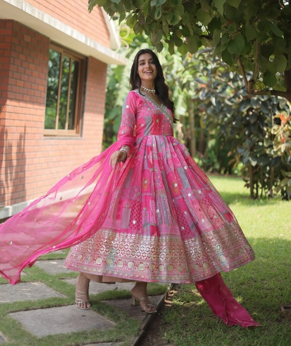 FWKA DESIGNER PRINTED EMBROIDERED RUSSIAN SILK GOWN - XL-40, Pink