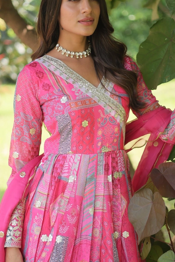 FWKA DESIGNER PRINTED EMBROIDERED RUSSIAN SILK GOWN - XL-40, Pink