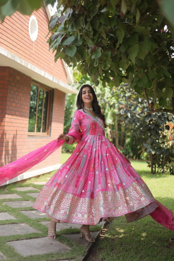 FWKA DESIGNER PRINTED EMBROIDERED RUSSIAN SILK GOWN - XL-40, Pink