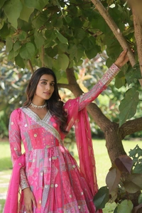 FWKA DESIGNER PRINTED EMBROIDERED RUSSIAN SILK GOWN - XL-40, Pink