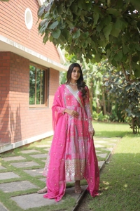FWKA DESIGNER PRINTED EMBROIDERED RUSSIAN SILK GOWN - XL-40, Pink