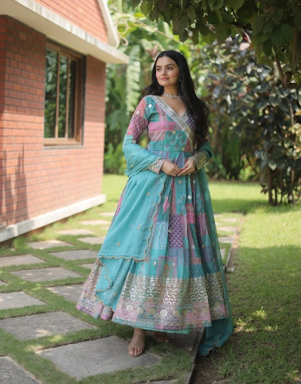 FWKA DESIGNER PRINTED EMBROIDERED RUSSIAN SILK GOWN - XL-40, Cyan Aqua
