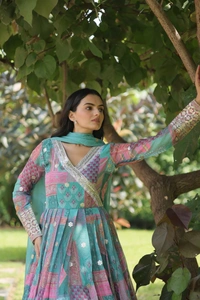 FWKA DESIGNER PRINTED EMBROIDERED RUSSIAN SILK GOWN - XL-40, Cyan Aqua