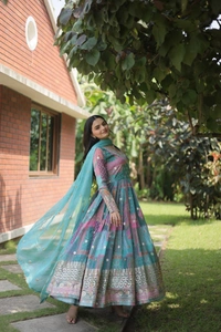 FWKA DESIGNER PRINTED EMBROIDERED RUSSIAN SILK GOWN - XL-40, Cyan Aqua