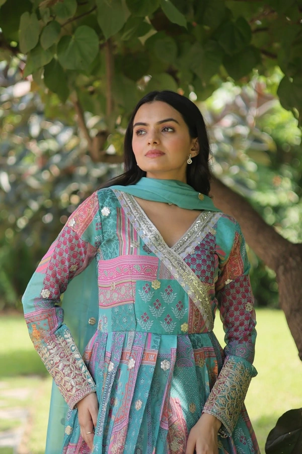 FWKA DESIGNER PRINTED EMBROIDERED RUSSIAN SILK GOWN - XL-40, Cyan Aqua